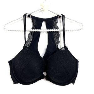 Victoria Secret PINK Bra 36DD Date Push Up Black‎ Lace Front Close Racerback